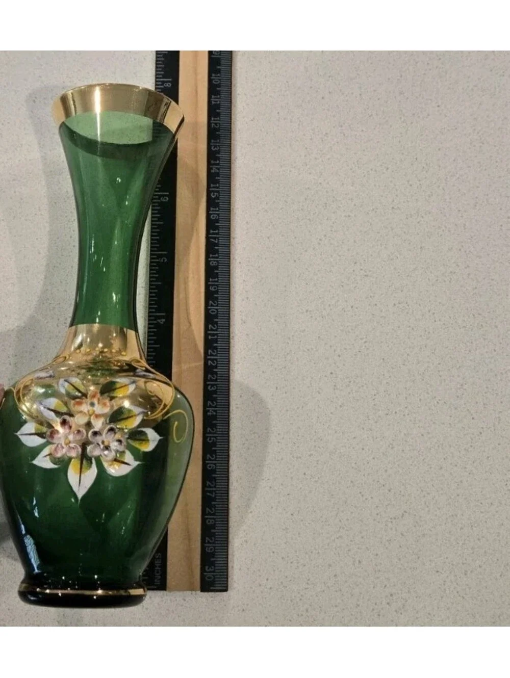 VTG MCM Venetian Glass Vase Green Gold Gilt Hand Painted Flowers Bud Vase